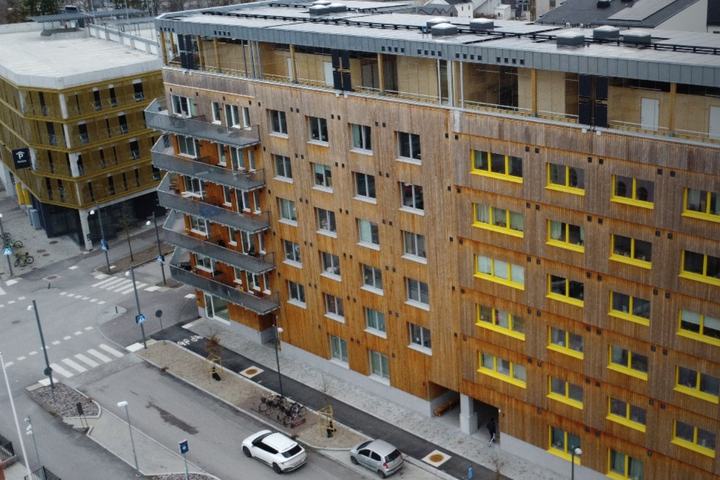 The block from above, 7 floor CLT, 121 apartments, Vallastaden, Linköping · Sweden