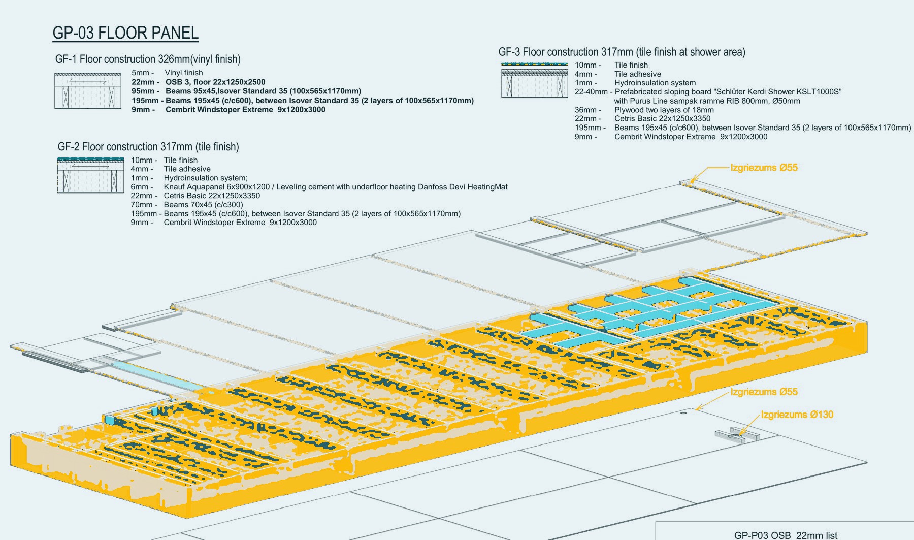 Floor panel GP-03, 3D with OSB and cement board lists