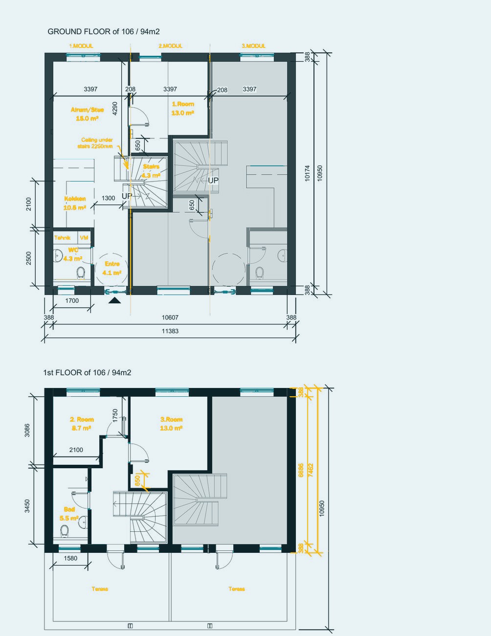 106 and 94 m² homes, three modules, two floors